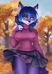 anthro autumn bottomwear canid canine clothing female fox galactic_fox hi_res leaf mammal naryumi_(artist) plant skirt solo sweater topwear tree wind