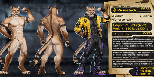 anthro biped clothing cyberpunk digitigrade digitigrade_footwear eye_scar facial_scar fingerless_gloves flexing flexing_bicep footwear front_view furgonomic_footwear furgonomics gloves handwear information_section jacket latex latex_clothing latex_skinsuit male male_anthro muscle_tone muscular pose rear_view scar skinsuit solo standing text tight_clothing toeless_footwear topwear chamomile_(artist) ricius_teck cougar felid feline mammal absurd_res english_text hi_res model_sheet