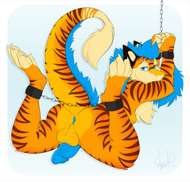 anthro anus backsack balls bdsm blue_anus blue_eyes blue_hair blue_penis bound butt fur genitals hair looking_at_viewer looking_back looking_back_at_viewer lying male markings nude on_front penis penis_backwards presenting presenting_anus presenting_hindquarters raised_tail rear_view simple_background solo striped_body striped_fur striped_markings stripes tail tail_tuft tuft kwik_(artist) sergal 2020 colored digital_drawing_(artwork) digital_media_(artwork)