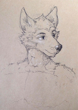 anthro ears_up eyebrows fur looking_aside male muscular muscular_anthro muscular_male nude solo reynard_goodfellow beastars legoshi_(beastars) canid canine canis mammal wolf headshot_portrait hi_res monochrome portrait