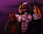 abs anthro armor chain clothed clothing duo electronics headphones jumper male male/male muscular outside smile topless wings zinjatora mythology canid canine dragon mammal mythological_creature mythological_scalie scalie 5:4