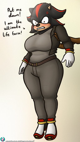 angry anthro belt big_breasts blush bottomwear breasts clenched_teeth clothing cross-popping_vein crossgender dark_body dark_skin duo embarrassed female jacket lifting_partner mostly_offscreen_character mtf_crossgender pants teeth thick_thighs topwear wide_eyed wide_hips oystercatcher7 sega sonic_the_hedgehog_(series) maddie_wachowski shadow_the_hedgehog eulipotyphlan hedgehog human mammal 9:16 absurd_res hi_res