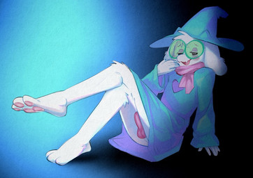 anthro balls barefoot bottomless clothed clothing eyewear feet fur genitals glasses looking_at_viewer male no_underwear open_mouth open_smile paws penis simple_background sitting smile solo white_body white_fur xu53r deltarune undertale_(series) ralsei bovid caprine darkner goat mammal 2023