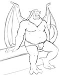 barefoot beard briefs bulge clothed clothing facial_hair feet horn male musclegut muscular scar simple_background sitting solo teeth_showing topless underwear underwear_only white_background wings thegreatmatsutzu disney gargoyles hudson_(gargoyles) gargoyle humanoid black_and_white monochrome sketch