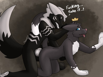 all_fours anal anal_penetration animal_genitalia animal_penis anthro black_body black_fur blue_eyes canine_genitalia canine_penis crown dialogue doggystyle duo eyes_closed from_behind_position fur genitals grey_body grey_fur hand_on_head headgear knot knotted_penis male male/male male_penetrated penetration penis pink_nose sex white_body white_fur mexican_cat cannon_(latecannon101) miguel_(mexican_cat) canid canine canis dire_wolf felid feline mammal prehistoric_species wolf 4:3 hi_res shaded