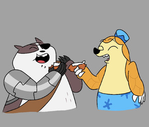 anthro beignet_(food) bottomwear brown_body brown_fur claws clothed clothing duo eye_patch eyewear fez finger_claws fur grey_background hat headgear headwear male open_mouth orange_body orange_scales robotic_arm sash scales shorts shorts_only simple_background smile topless white_body white_fur yellow_body yellow_scales justacartoonfan cartoon_network mao_mao:_heroes_of_pure_heart twende_(series) badgerclops twende_(twende) badger mammal mustelid musteline pangolin 2026 colored crossover digital_drawing_(artwork) digital_media_(artwork) half-length_portrait hi_res portrait