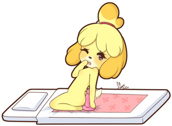 anthro bed breasts chibi dildo female furniture kneeling looking_at_viewer nude on_bed one_eye_closed pink_dildo sex_toy side_view small_breasts solo yellow_body nennachan animal_crossing nintendo isabelle_(animal_crossing) canid canine canis domestic_dog mammal shih_tzu toy_dog 2020 full-length_portrait hi_res portrait