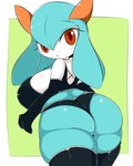 2019 3_fingers 4:5 big_breasts big_butt breasts butt clothed clothing fan_character female fingers generation_3_pokemon gloves handwear hi_res huge_breasts humanoid kirlia legwear lingerie looking_at_viewer looking_back nintendo not_furry open_mouth pokemon pokemon_(species) pokemorph red_eyes rui_(sugaru) runbasamba shiny_pokemon short_stack skimpy solo squish stockings thick_thighs thigh_squish wide_hips