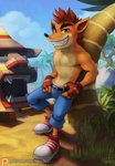 anthro athletic biceps bottomwear bulge clothed clothing fangs footwear fur looking_at_viewer male muscular muscular_anthro muscular_male pants pecs shoes smile solo standing teeth topless haychel activision crash_bandicoot_(series) crash_bandicoot bandicoot mammal marsupial hi_res