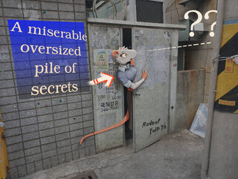 anthro arrow_sign belt big_breasts biped blush bottomwear breasts building clothed clothing door eyelashes female fur rat_tail shirt skirt snout solo standing tail text topwear wall_(structure) whiskers gompami mammal mouse murid murine rodent 2026 absurd_res english_text hi_res korean_text