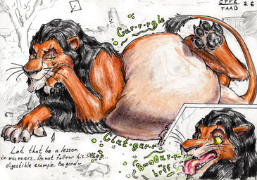 after_vore belly big_belly burping digestion fatal_vore feral male male_pred neck_bulge rumbling_stomach solo vore anxiousboar disney the_lion_king scar_(the_lion_king) felid feline lion mammal pantherine absurd_res comic graphite_(artwork) hi_res traditional_media_(artwork)