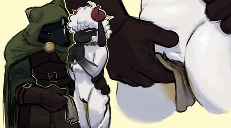 anthro armor bending_down black_body black_fur blush blush_lines bodily_fluids bound cape chain chained close-up clothed clothed_anthro clothing embarrassed female fur genital_fluids genitals gloves hair hand_on_hip handwear hood horn leather leather_armor male male/female nude_anthro omorashi prong_collar red_eyes simple_background urine urine_drip urine_stain vulva watersports wetting white_body white_fur white_hair wiping_another yellow_background yellow_eyes bunnybuttz bovid canid canine canis caprine mammal sheep wolf hi_res shaded trans_(lore) trans_man_(lore)