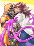 anthro blush brown_body brown_fur brown_hair duo fur hair horn hug male male/male mane muscular muscular_anthro muscular_male purple_eyes tentacles yellow_sclera alli_paeonia iranian_mythology lifewonders middle_eastern_mythology mythology tokyo_afterschool_summoners hastur_(tas) pazuzu_(tas) felid lion mammal manticore pantherine scalie hi_res