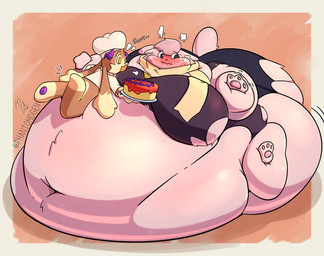 ambiguous_gender anthro belly belly_expansion belly_inflation big_belly big_breasts big_butt bloated blush blush_lines breast_squish breasts butt climbing_on clothing deep_navel duo embarrassed expansion feederism feeding food food_fetish huge_belly huge_breasts huge_butt huge_thighs hyper hyper_belly immobile inflation male male/male moobs morbidly_obese navel obese onomatopoeia overweight overweight_anthro sound_effects squish stuffing text thick_thighs weight_gain wobbling phantomdgen domestic_cat felid feline felis lagomorph leporid mammal rabbit colored digital_drawing_(artwork) digital_media_(artwork) hi_res