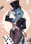 5_fingers anthro anthrofied bedroom_eyes big_breasts black_tie_(suit) blue_body blue_fur blue_hair blue_tail breasts button_(fastener) cane card clothed clothing coat corset cosplay cutie_mark dreamworks_smirk ear_piercing ear_ring eyelashes female fingers five_of_clubs four_of_clubs four_of_spades fur glistening glistening_breasts glistening_clothing glistening_coat glistening_hair glistening_hat glistening_headgear glistening_headwear glistening_tail glistening_top_hat glistening_topwear gloves grin grinning_at_viewer hair handwear hat hat_tip headgear headwear highleg highleg_leotard holding_cane holding_object horn jack_of_spades legwear leotard lingerie looking_at_viewer narrowed_eyes nine_of_clubs nine_of_spades pantyhose piercing plantigrade playing_card purple_clothing purple_coat purple_eyes purple_hat purple_headwear purple_leotard purple_topwear queen_of_diamonds ring_piercing seductive smile smiling_at_viewer solo star star_ear_ring suit tail tailcoat ten_of_hearts top_hat topwear unicorn_horn white_clothing white_corset white_gloves white_handwear nire friendship_is_magic hasbro my_little_pony mythology trixie_(mlp) zatanna equid equine mammal mythological_creature mythological_equine unicorn 2022 absurd_res artist_name digital_media_(artwork) hi_res portrait three-quarter_portrait