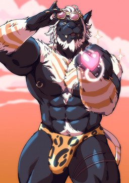 abs amber_eyes animal_print anthro beard biceps black_body black_fur blowing_kiss chest_fur claws clothed clothing ear_piercing ear_ring eyewear facial_hair fangs flirting fur hair heart_symbol leopard_print male muscular muscular_anthro muscular_male nipple_piercing nipples one_eye_closed open_mouth pecs piercing pose pubes quads ring_piercing sharp_teeth skimpy sky solo speedo standing stripes sunglasses sunset swimwear teeth triceps white_body white_fur white_hair wink yellow_stripes taoren final_fantasy final_fantasy_xiv square_enix felid feline hrothgar mammal 2020 pinup portrait three-quarter_portrait