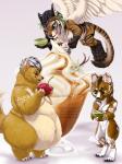 anthro dessert feathered_wings feathers female food group ice_cream male nude obese overweight smile wings diaszoom canid canine felid fox hybrid mammal 3:4