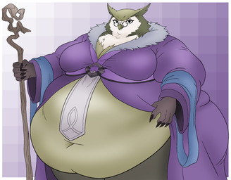 anthro beak belly big_belly big_breasts breasts claws clothing clothing_pull dakota9 eyewear female finger_claws glasses grey_body looking_at_viewer morbidly_obese navel obese overweight pattern_background purple_background purple_clothing simple_background solo staff standing thick_thighs white_background white_body unknown_artist unicorn_overlord vanillaware ramona_(unicorn_overlord) avian bird humanoid owl wereowl hi_res