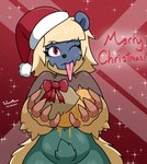 anthro blonde_hair blue_body blue_skin bow_(feature) christmas_clothing christmas_headwear clothing female food fur green_body green_fur hair hat headgear headwear hive holidays honey_(food) honeycomb long_tongue looking_at_viewer navel one_eye_closed red_body red_eyes red_skin ribbons round_ears santa_hat simple_background solo spikes text tongue tongue_out tufted_fur wink theidiotmuffin capcom christmas monster_hunter arzuros bear mammal monster primatius hi_res signature