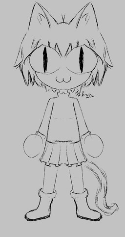 :3 animal_ears anthro big_breasts boots bottomwear breasts clothed clothing clothing_lift exposed_breasts female footwear huge_breasts looking_at_viewer nipples shirt shirt_lift shoes simple_background skirt solo standing tail topwear tsukihime type-moon neco-arc animated hi_res monochrome