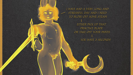 ambiguous_gender anthro crotch_tuft dialogue fencing first_person_view looking_at_viewer martial_arts multi_nipple nipples nude null null_crotch practice_sword sickle simple_background solo stress_relief text textured_background threatening_viewer threatening_with_weapon tuck tuft tummy_nipples cielvonaefenleoht ciel_(cielvonaefenleoht) hare lagomorph leporid mammal rabbit snowshoe_hare 16:9 english_text widescreen nonbinary_(lore)