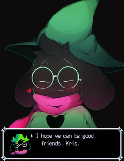 anthro blush clothing dialogue eyes_closed eyewear fur glasses green_clothing green_hat green_headwear hat headgear headwear male scarf solo text text_box eisuke_art deltarune undertale_(series) ralsei darkner 2018 digital_media_(artwork) english_text hi_res male_(lore)