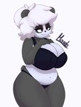 anthro big_breasts big_butt black_body black_fur blush bra breasts butt clothed clothing curvy_figure female fur huge_breasts overweight overweight_anthro simple_background slightly_chubby slightly_chubby_female smile solo thick_thighs underwear voluptuous white_body white_fur mando dolly_may bear giant_panda mammal absurd_res digital_media_(artwork) hi_res