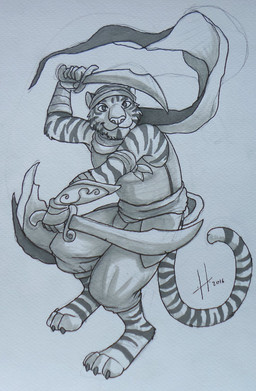 anthro closed_smile clothed clothing fur holding_melee_weapon holding_object holding_sword holding_weapon looking_at_viewer male male_anthro markings melee_weapon mouth_closed simple_background slim_anthro slim_male smile solo striped_arms striped_body striped_fur striped_markings striped_tail stripes sword tail tail_markings weapon hufnaar hufnaar_(character) felid mammal pantherine tiger 2016 dated hi_res monochrome sketch