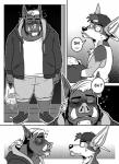 2017 anthro backwards_baseball_cap backwards_hat baseball_cap beard blush bodily_fluids bottomwear canid canine canis caught chacal_(character) clothed clothing comic dialogue drunk duo ear_piercing english_text eye_contact eyebrows facial_hair footwear front_view fully_clothed gabshiba goatee greyscale hair hair_through_hat half-closed_eyes hat headgear headwear hoodie jackal looking_at_another looking_at_viewer male mammal monochrome mustache narrowed_eyes nervous pants piercing ponytail question_mark shirt shoes shorts side_view speech_bubble standing substance_intoxication suid suina sus_(pig) sweat tank_top text topwear tusks wild_boar