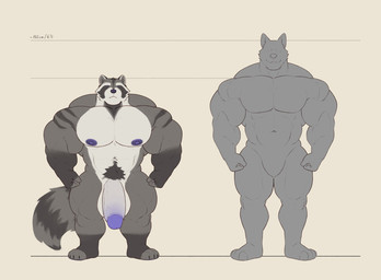 4_toes abs anthro areola arm_markings balls barazoku biceps big_balls big_muscles big_nipples big_pecs big_penis biped black_claws claws closed_smile comparing countershade_face countershade_fur countershade_torso countershading deltoids dot_eyes duo facial_markings featureless_crotch feet fingerless_(marking) fingerless_gloves_(marking) fingers fist flaccid foreskin front_view fur fur_markings genitals glans gloves_(marking) grey_body grey_fur grey_pubes head_markings huge_balls huge_muscles huge_penis humanoid_genitalia humanoid_hands humanoid_penis hyper hyper_muscles imperial_unit larger_anthro larger_male leg_markings looking_at_viewer looking_forward male male_anthro manly markings mask_(marking) measurements metric_unit mouth_closed multicolored_body multicolored_fur muscular muscular_anthro muscular_male navel nipples nude nude_anthro nude_male number pecs penis plantigrade pubes purple_areola purple_eyes purple_glans purple_nipples purple_nose quads retracted_foreskin ring_(marking) ringed_tail shoulder_markings silhouette simple_background simple_eyes size_difference small_but_hung smaller_anthro smaller_male smile socks_(marking) standing stated_height striped_markings striped_tail stripes tail tail_markings text toe_claws toeless_(marking) toeless_socks_(marking) toes trapezius triceps v-cut vein veiny_penis white_balls white_body white_countershading white_fur theor canid canine canis mammal procyonid raccoon digital_drawing_(artwork) digital_media_(artwork) flat_colors full-length_portrait handwritten_text hi_res portrait