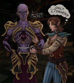 5_fingers armband armor arms_bent bald bard belt belt_buckle bent_arm blue_bottomwear blue_clothing blue_pants blush blush_lines bottomwear brown_belt brown_corset brown_freckles brown_hair buckle clothed clothed_female clothed_humanoid clothed_male clothing duo eyelashes female fingers floor freckled_face freckles fully_clothed fully_clothed_female fully_clothed_humanoid glint gold_headband hair hands_on_own_hips humanoid_pointy_ears impressed inside larger_humanoid larger_male lips male measuring measuring_waist medium_hair navel not_furry open_mouth pants pattern_bottomwear pattern_clothing pattern_pants pauldron pink_lips pointy_ears purple_armband purple_body purple_eyes purple_lips purple_skin red_bottomwear red_clothing red_skirt screencap screencap_background size_difference skirt smaller_female striped_bottomwear striped_clothing striped_pants stripes talking_to_another tan_body tan_clothing tan_shirt tan_skin tan_topwear tape_measure text thought_bubble tile tile_floor tome topwear glossopho dead_by_daylight dungeons_and_dragons hasbro wizards_of_the_coast aestri_yazar vecna_(dead_by_daylight) elf humanoid lich undead 2025 artist_name colored crossover digital_drawing_(artwork) digital_media_(artwork) english_description english_text