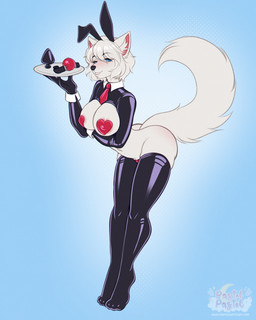 anthro arm_under_breasts ball_gag big_breasts black_clothing black_latex black_legwear black_stockings black_thigh_highs blue_eyes blush breasts buttplug clothing costume fake_ears fake_rabbit_ears female fluffy fluffy_tail gag hair latex latex_clothing latex_legwear latex_shrug_(clothing) latex_stockings latex_thigh_highs latex_topwear legwear looking_at_viewer pasties plate plug_(sex_toy) red_ball_gag reverse_bunny_costume sex_toy shrug_(clothing) solo stockings tail thigh_highs topwear white_hair pastelpastel selin_malianis canid canine canis mammal wolf 2025 hi_res