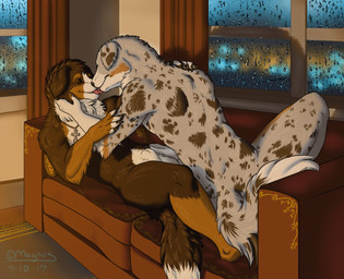 animal_genitalia anthro balls cross cross_necklace duo eyes_closed french_kissing fully_sheathed furniture genitals inside jewelry kissing licking lying male male/male neck_tuft necklace sheath smile sofa tongue tongue_out tuft aurion-magnus_(artist) lucas_(lucasreturns) australian_shepherd bernese_mountain_dog canid canine canis domestic_dog herding_dog mammal molosser mountain_dog pastoral_dog sheepdog swiss_mountain_dog