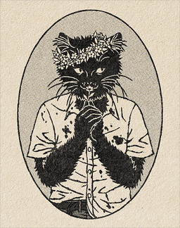 anthro belt black_body black_fur blood blood_on_clothing bodily_fluids bottomwear clasped_hands clothing collared_shirt dotted_background dress_shirt floral flower flower_crown flower_garland fur garland hands_together head_wreath holding_object inner_ear_fluff male monotone_body pants pattern_background plant shirt simple_background smile solo topwear tuft untucked_shirt danielpup domestic_cat felid feline felis mammal half-length_portrait portrait