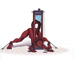 ass_up bdsm black_markings bondage bound chain chained cuff_(restraint) genitals guillotine imminent_death jack-o'_pose lock male markings mouth_hold nude penis peril pose predicament_bondage red_body restraints simple_background solo yellow_eyes conquistabear furx_(character) lizard reptile scalie