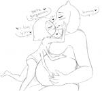 2017 animal_humanoid anthro arachnid arachnid_humanoid arthropod arthropod_humanoid belly belly_rub big_belly big_breasts blush boss_monster_(undertale) bovid breasts caprine clothed clothing dialogue duo english_text eyes_closed fangs female female/female hair hand_on_belly heart_symbol horn humanoid kissing mammal monochrome muffet multi_arm multi_eye multi_limb nipples overweight panties simple_background sitting size_difference slightly_chubby spider_humanoid stuffing teeth text topless toriel undertale undertale_(series) underwear weight_gain white_background