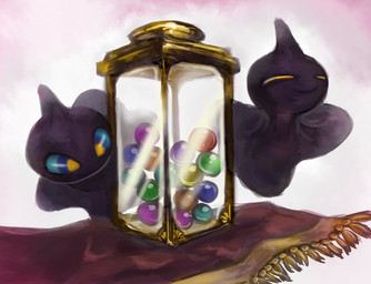 abstract_background blue_sclera carpet duo eyes_closed kemono smile yellow_eyes furoyuuto nintendo pokemon generation_3_pokemon ghost pokemon_(species) shuppet spirit 2014