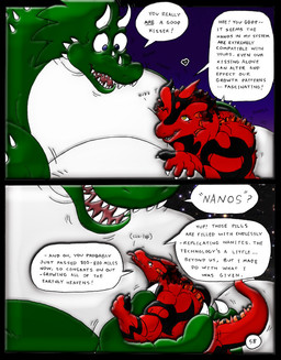 anthro body_size_growth duo female giga growth_lines heart_symbol licking macro male muscular muscular_female muscular_male onomatopoeia size_difference size_transformation sound_effects space speech_bubble text tongue transformation dnapalmhead redsaber third-party_edit mythology dragon mythological_creature mythological_scalie scalie comic english_text