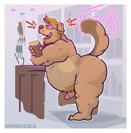 alcohol anthro beverage border erection eyes_closed eyewear genitals hair humanoid_genitalia humanoid_penis laugh leaning male nude orange_hair overweight overweight_male penis side_view solo tail white_border buffalonickels hewland_(buffalonickels) canid canine canis domestic_dog mammal hi_res