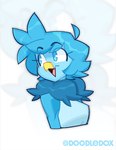 anthro beak blue_body blue_clothing blue_eyes blue_feathers blue_hair blue_shirt blue_topwear clothing feathers female fluffy hair happy looking_back neck_tuft open_mouth shirt short_hair simple_background solo tank_top topwear tuft white_background doodledox undertale undertale_(series) undertale_yellow martlet_(undertale_yellow) avian bird bust_portrait portrait shaded