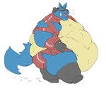 ambiguous_gender anthro belly blue_body bodily_fluids clothing feral morbidly_obese obese overweight solo sweat torn_clothing yellow_belly gabu2929 nintendo pokemon generation_4_pokemon lucario pokemon_(species) hi_res