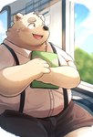 anthro belly blush bottomwear clothing detailed_background inside inside_train kemono male overweight overweight_male shirt shorts solo suspenders topwear metaporin bear mammal polar_bear ursine 2024 hi_res