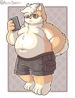 4_fingers 4_toes :< abstract_background anthro barefoot belly belly_rolls big_belly black_bottomwear black_clothing black_nose black_shorts bottomwear brown_body brown_fur claws closed_frown clothed clothing electronics ellipsis eyebrows eyewear featureless_chest feet finger_claws fingers front_view frown fur glasses glistening glistening_belly hair hand_behind_back holding_object holding_phone inner_ear_fluff kemono leg_markings looking_at_object looking_at_phone male markings moobs mouth_closed multicolored_body multicolored_fur navel obese obese_anthro obese_male outie_navel outline overweight overweight_anthro overweight_male phone pockets raised_tail red_eyes round_glasses short_hair shorts socks_(marking) solo standing tail tan_body tan_fur tan_hair thick_thighs three-quarter_view tired tired_eyes toes topless tuft two_tone_body two_tone_fur unimpressed wearing_glasses white_outline aceekdarzty conditional_dnp roy_ace_(aceekdarzty) canid canine canis domestic_dog mammal shiba_inu spitz 2025 cel_shading digital_media_(artwork) full-length_portrait halftone hi_res portrait shaded signature