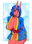 big_breasts blue_eyes blue_hair breasts choker clothing collarbone eyebrows eyelashes female hair hand_behind_back hand_on_arm horn huge_breasts humanoid_pointy_ears jewelry necklace not_furry pointy_ears red_body red_skin smile solo ravagaard asian_mythology east_asian_mythology japanese_mythology mythology demon horned_humanoid humanoid oni yokai 2025 absurd_res hi_res