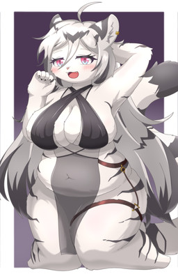 5_fingers ahoge anthro belly big_breasts biped black_body black_claws black_clothing black_ears black_fur black_hair black_stripes black_tail black_tail_tip black_topwear blush blush_lines breasts claws clothed clothed_anthro clothed_female clothing cute_fangs dipstick_tail ear_piercing ear_ring eyelashes fangs featureless_crotch female female_anthro finger_claws fingers front_view full_cleavage fur hair humanoid_hands inner_boob kemono kneeling legband long_hair looking_at_viewer markings multicolored_body multicolored_fur multicolored_hair multicolored_tail navel open_mouth overweight overweight_anthro overweight_female pelvic_curtain piercing pink_eyes pink_nose ring_piercing simple_background skimpy solo striped_body striped_fur stripes tail tail_markings teeth thick_thighs thighband topwear translucent translucent_clothing two_tone_body two_tone_fur two_tone_hair two_tone_tail white_body white_ears white_fur white_hair white_inner_ear white_tail wide_hips chemteine mahjong_soul hannah_(mahjong_soul) felid mammal pantherine tiger colored digital_media_(artwork) full-length_portrait hi_res portrait shaded