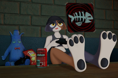 3d_background :3 anthro beanie beverage blue_body blue_fur clothing controller feet female foot_focus fur hat headgear headwear holding_object mostly_nude open_mouth orange_body orange_eyes orange_fur pawpads plushie sitting snack solo white_body white_fur wemacaten epic_games fortnite meow_skulls polar_peely calico_cat domestic_cat felid feline felis mammal 3d_(artwork) absurd_res digital_media_(artwork) hi_res mixed_media source_filmmaker_(artwork)