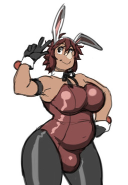 5_fingers anthro armwear bottomwear breasts bulge closed_smile clothing collar facial_horn fake_ears fake_rabbit_ears fingers gesture gynomorph hair hand_gesture handwear horn intersex mouth_closed nose_horn simple_background smile solo standing thick_thighs topwear v_sign white_background wide_hips analon_(artist) rhinolon_(analon) mammal rhinoceros