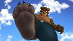 4_toes anthro barefoot belly belt big_belly big_feet black_nose brown_body brown_fur claws clothed clothing countershade_feet countershading feet first_person_view foot_focus fur looking_at_viewer low-angle_view male overweight overweight_anthro overweight_male paws solo toe_claws toes worm's-eye_view dj-rodney bear mammal 16:9 widescreen