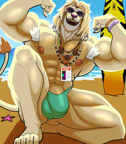 abs anthro armpit_hair barazoku body_hair bracelet bulge clothed clothing collar eyebrows eyewear fangs fist flexing front_view fur genitals green_clothing green_thong green_underwear jewelry kneeling male muscular muscular_anthro muscular_male nipples on_one_knee open_mouth penis penis_base solo sunglasses surfboard tail tan_body tan_fur teeth thong topless topless_anthro topless_male underwear wearing_sunglasses whiskers nolandoberdaddy epic_games fortnite kingston_(fortnite) felid lion mammal pantherine 2025 absurd_res digital_drawing_(artwork) digital_media_(artwork) english_description hi_res