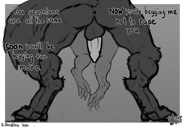 ambiguous_gender anthro anus bodily_fluids butt carrying_another dangling_legs digitigrade dominant dominant_male dripping duo female forced genital_fluids genitals imminent_rape imminent_sex low-angle_view male male_dominating_female paws penis precum precum_drip rear_view standing submissive text top_hole vyarwolf bethesda_game_studios interspecies_reviewers microsoft mythology skyrim the_elder_scrolls skyrim_werewolf argonian canid canine mammal mythological_canine mythological_creature scalie werecanid werecanine werecreature werewolf absurd_res english_text hi_res monochrome
